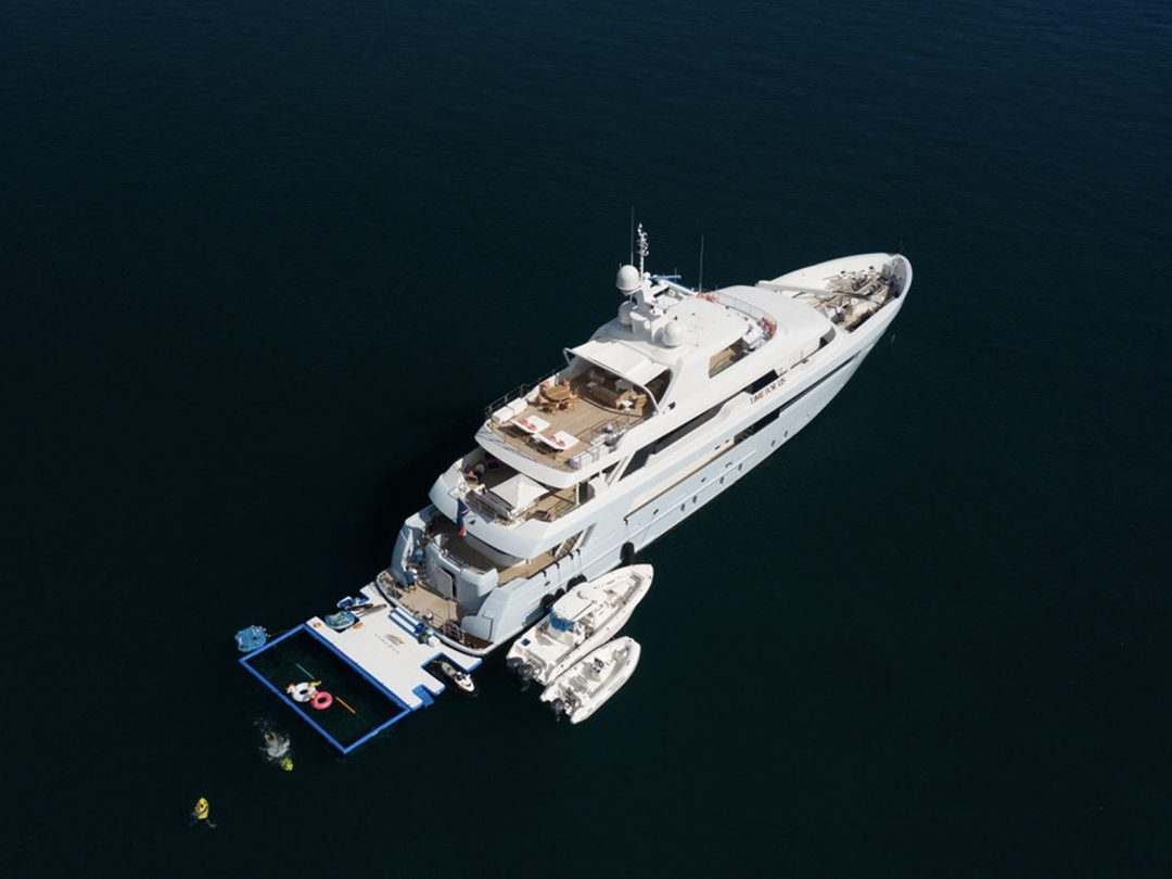 Overhead view of Netted Sea Pool and Custom Jet Ski Dock on Motor Yacht Time For Us