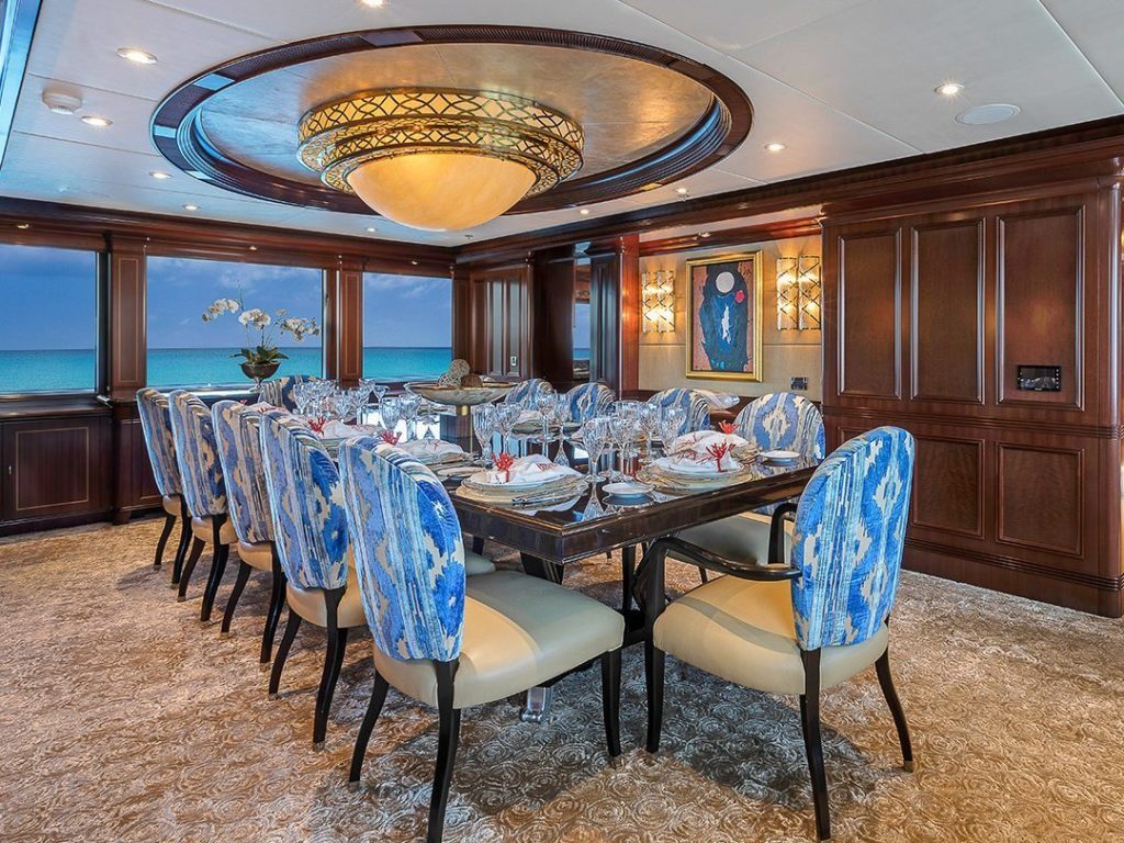 Interior dining area on superyacht Loon