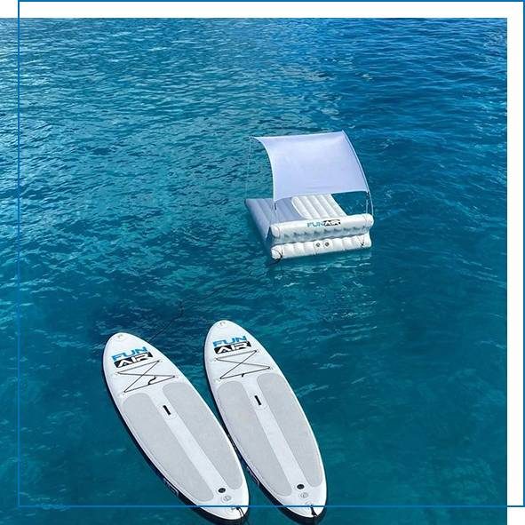 Superyacht Inflatables Floating Shaded Lounger and Inflatable SUP