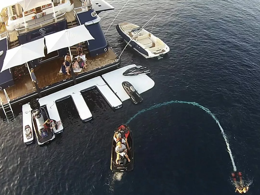 An overhead view of the custom Jet Ski Dock on superyacht Triple 7 showing docking solution for different personal watercraft