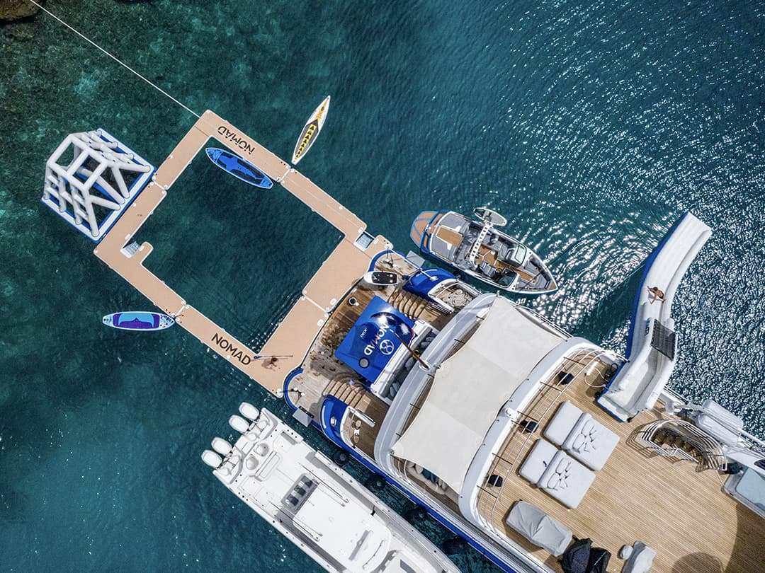 Overhead view of the inflatable custom Sea Pool Yacht Slide and Playground on Motor Yacht Nomad