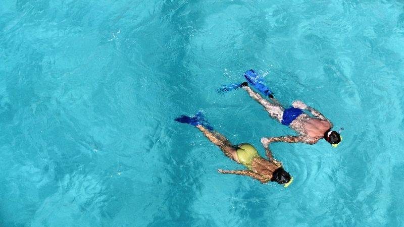 Couple holding hands snorkling clear blue water