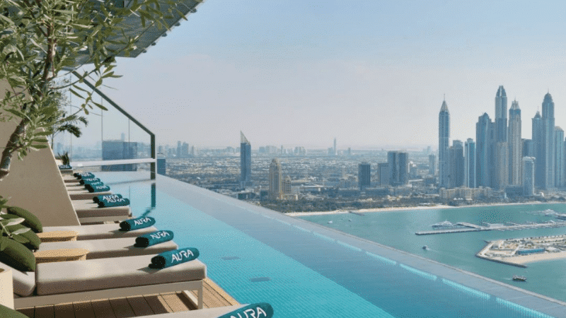 Aura Sky Pool bar in Dubai overlooking views of the city