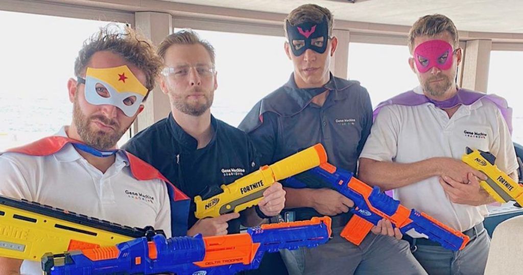 Motoryacht Gene Machine deck crew with nerf guns on charter