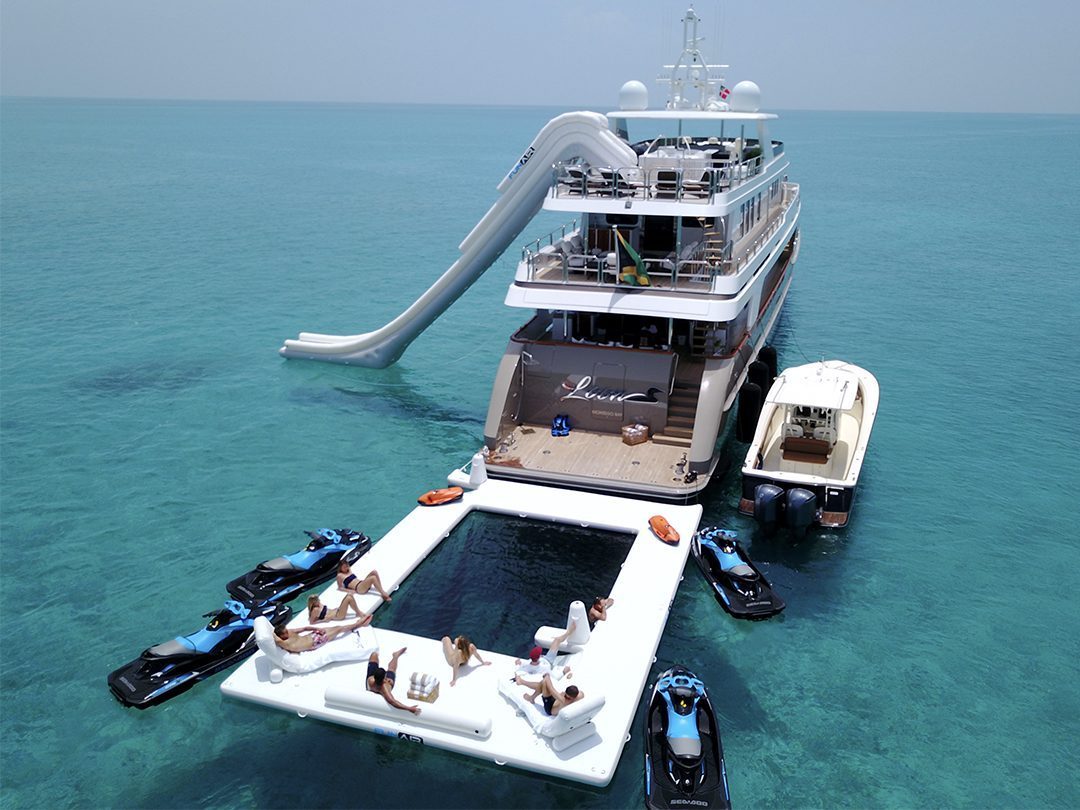 Yacht Slide, Superyacht Wave Loungers and custom Beach Club Sea Pool on luxury yacht Loon