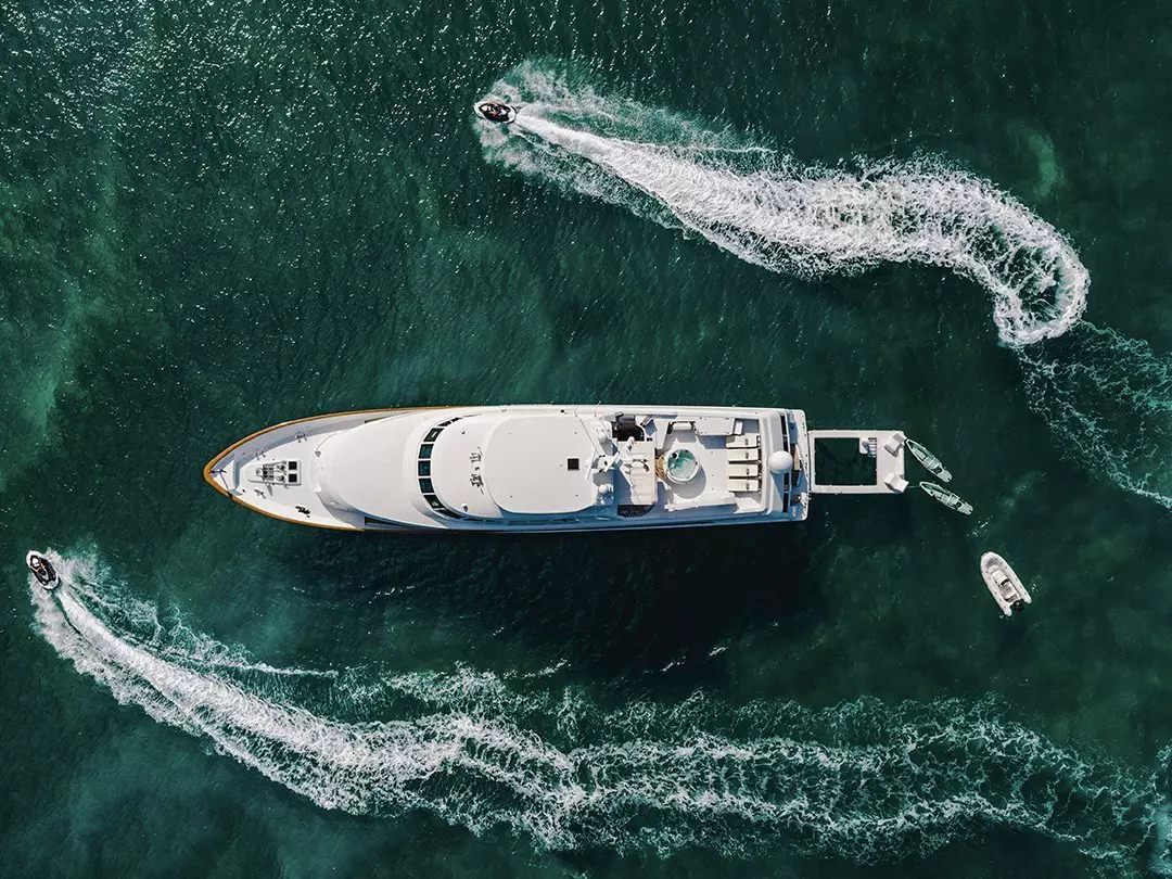 Overhead view of Superyacht Crescendo IV with FunSize Beach Club Sea Pool and Superyacht Wave Chairs