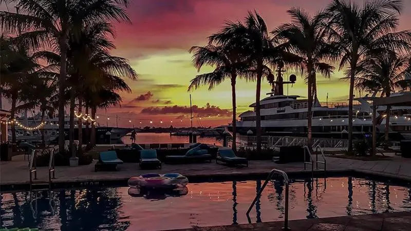 Rybovich Marina crew pool clubhouse at sunset