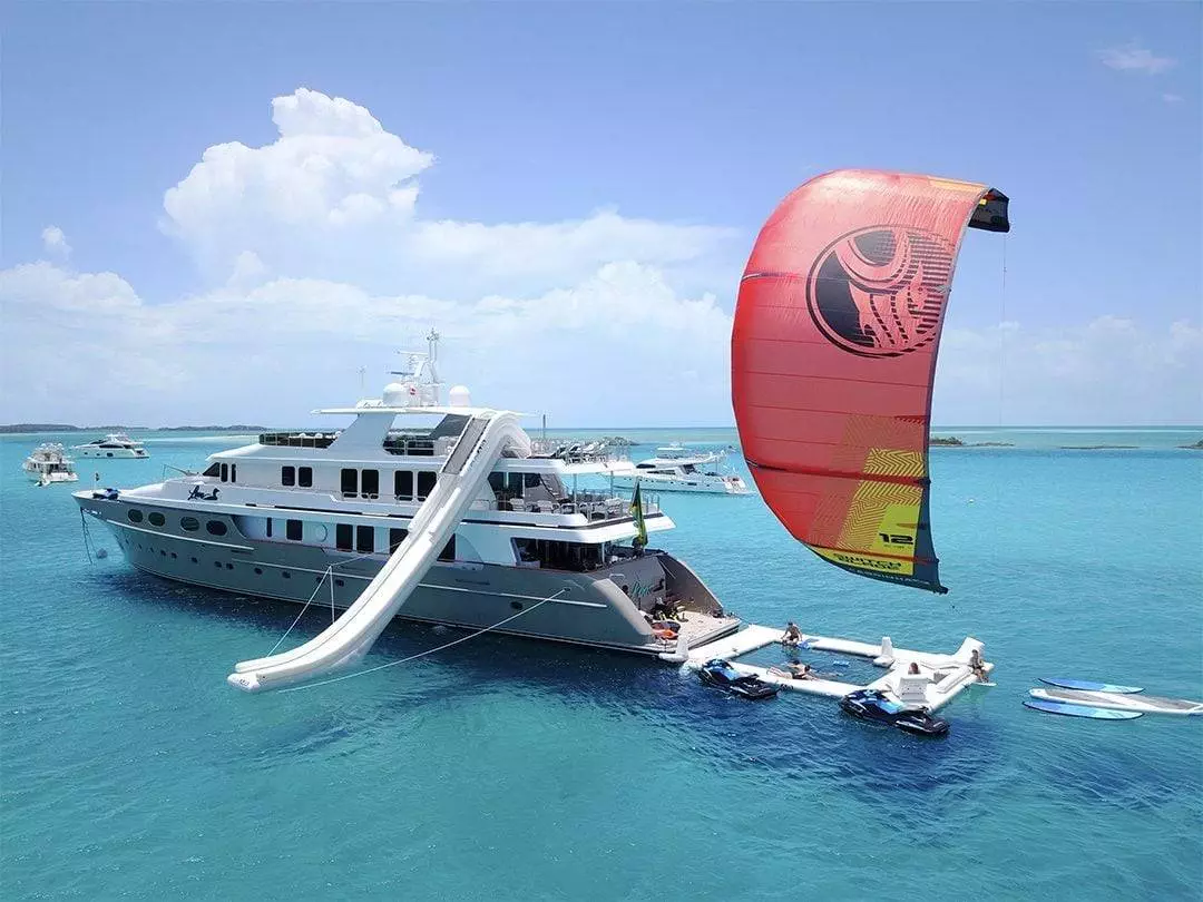 Luxury superyacht with FunAir Beach Club Sea Pool Superyacht Wave Loungers and Yacht Slide
