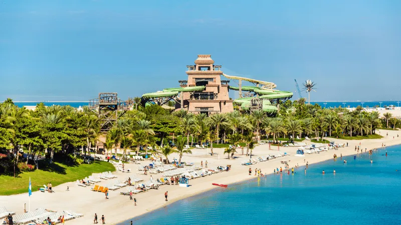 Aquaventure waterpark in Dubai with water slides, private beach and fun water toys