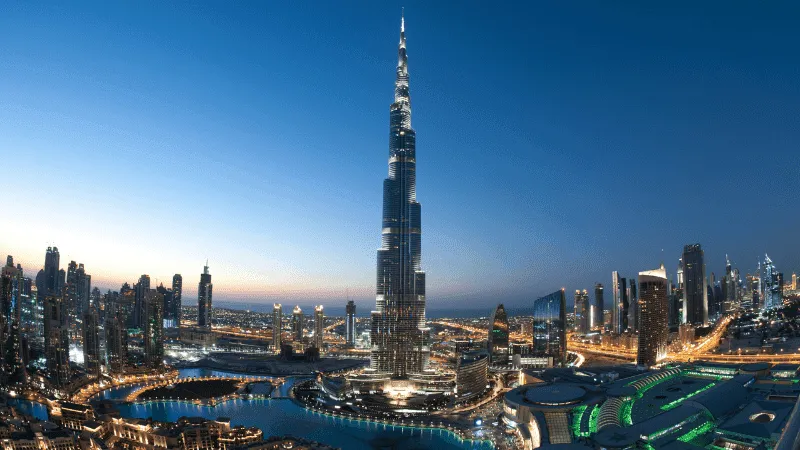 Burj Khalifa at night in Dubai overlooking the yacht marina