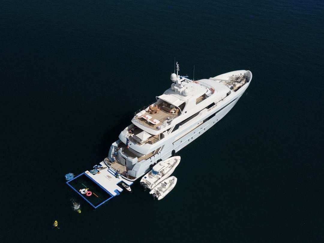 Overhead view of Netted Sea Pool and Custom Jet Ski Dock on Motor Yacht Time For Us