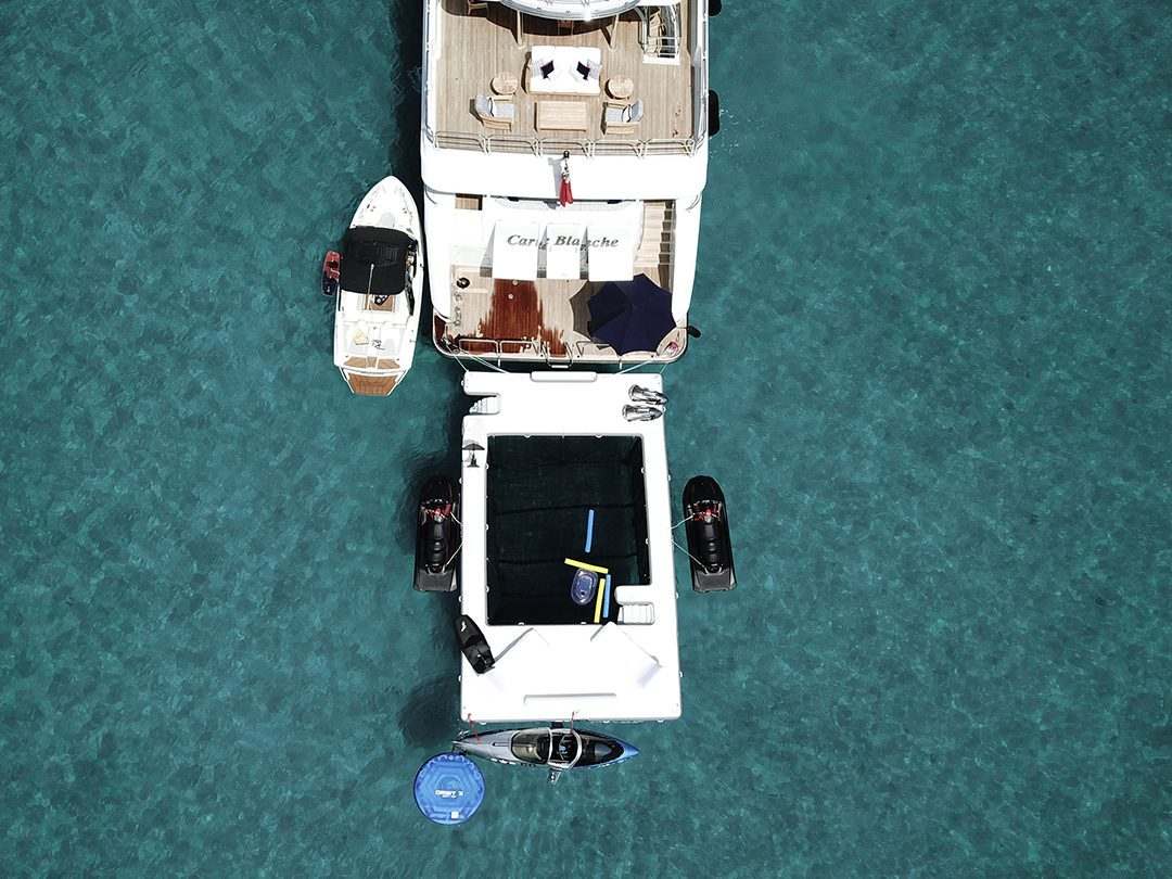 Motor Yacht Carte Blanche, Sea Pool and Superyacht Wave Loungers from above