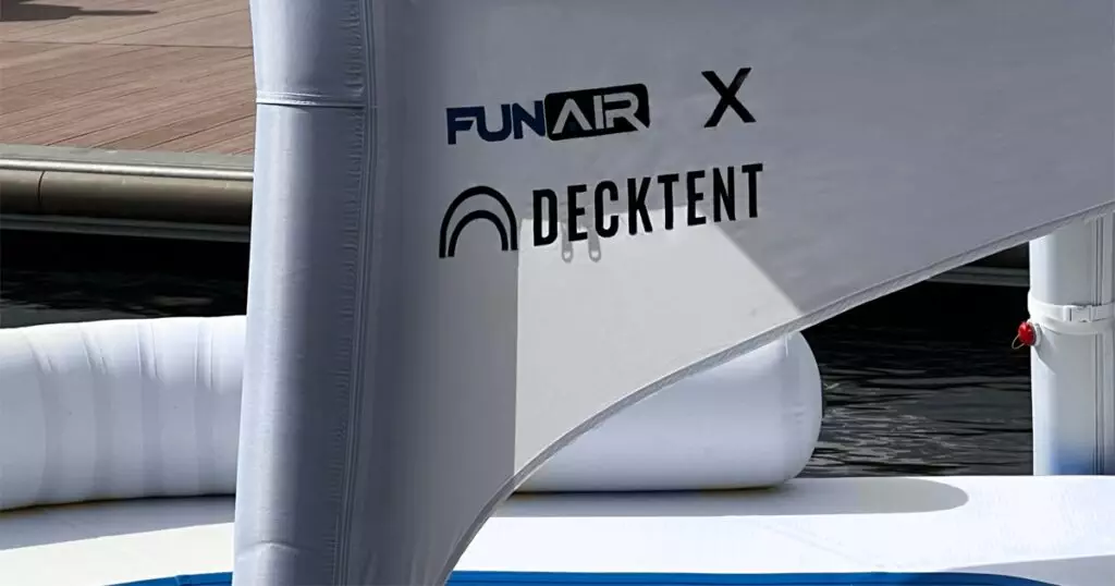 FunAir X DeckTent logo on Shaded Oasis